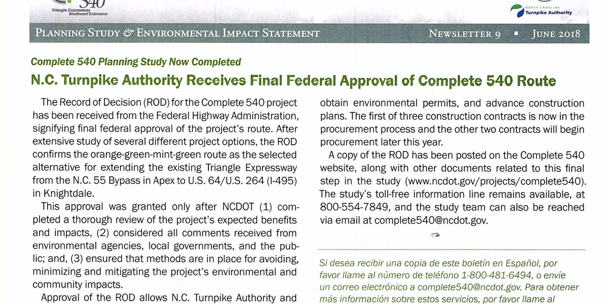 Complete 540 Triangle Expressway planning study & environmental impact statement Newsletter 9 June 2