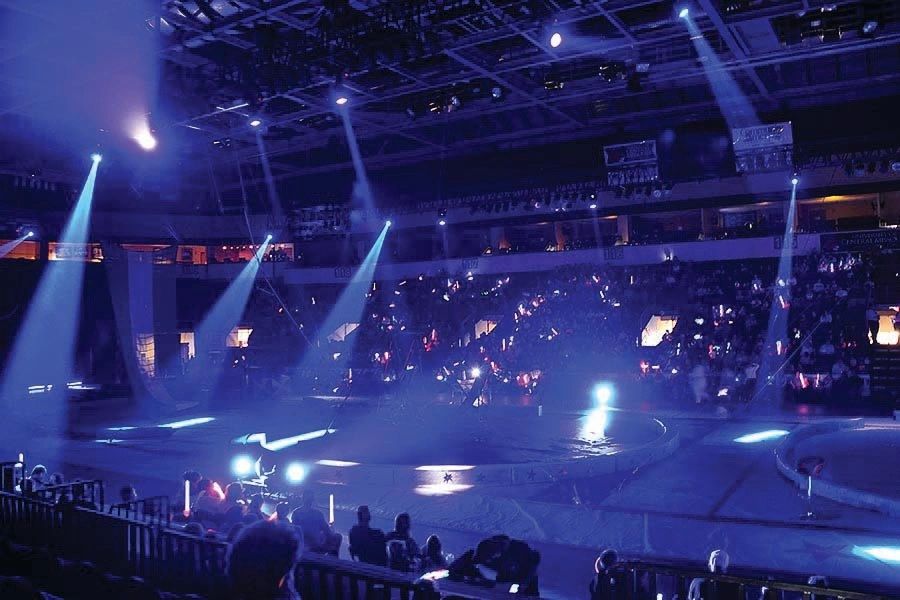Spotlights shining during the Ararat Shrine Circus