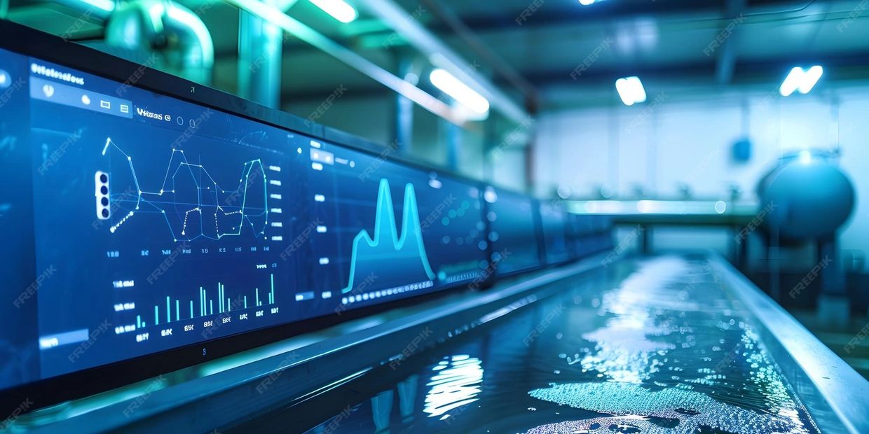 High-tech water testing lab with digital data displays and bubbling water.