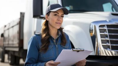 A female truck driver holding a clipboard, standing in front of a large truck.
