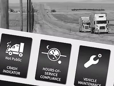 Black and white image showing two trucks on a highway and icons for crash indicator, service compliance, and vehicle maintenance.