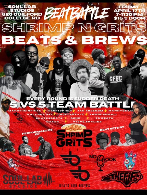 Flyer for Shrimp N Grits Beats &amp; Brews 5 vs 5 Beatbattle event at Soul Lab Studios.