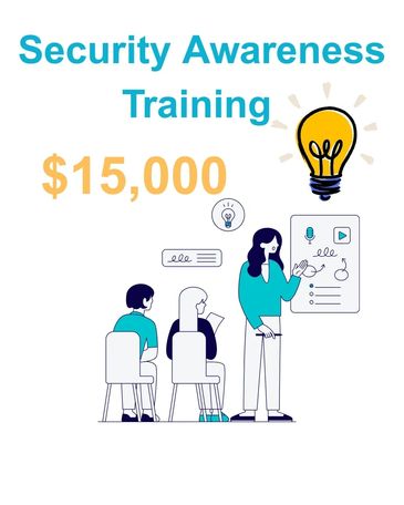 Illustration of a security awareness training session with a $15,000 price tag.