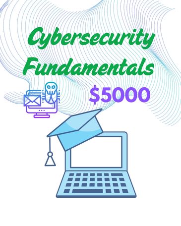 Cybersecurity Fundamentals course with a $5000 price, featuring laptop and education icons.