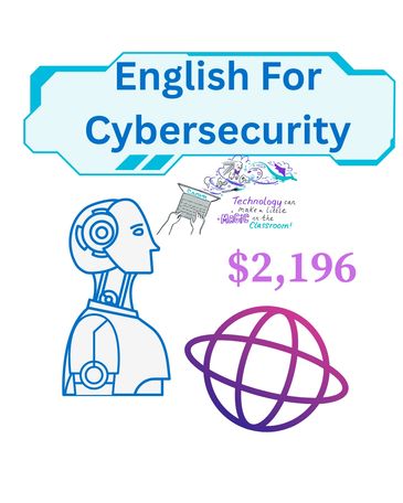 Poster promoting English for Cybersecurity with tech and global icons and a price of $2,196.