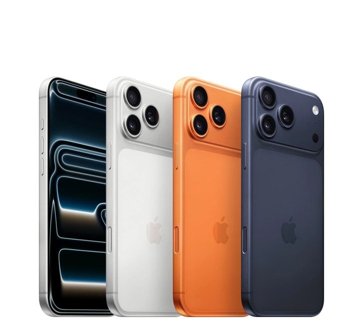 Four iPhones in various colors showing back and front views.