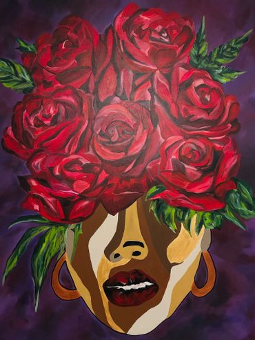 Abstract portrait with red roses as hair on a purple background.