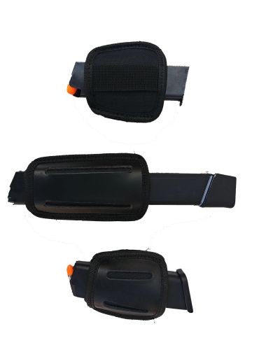 Three black holsters with orange-tipped magazines.