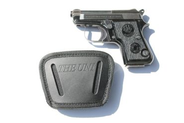 Compact black handgun with a black holster labeled THE UNI.