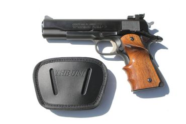 Black handgun with wooden grip and black holster.