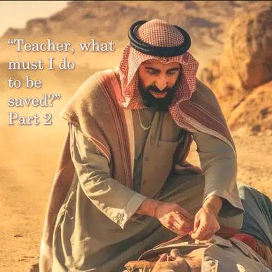 Man in traditional attire helping another in desert, caption about salvation.