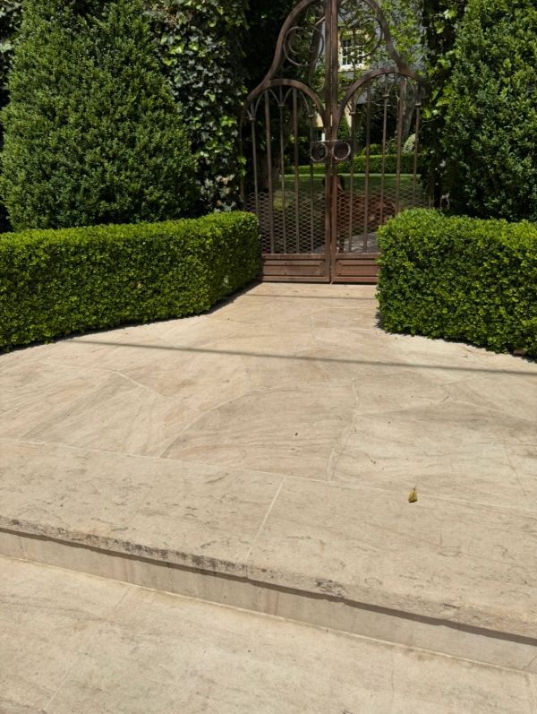 Stone steps leading to a metal gate surrounded by trimmed bushes.