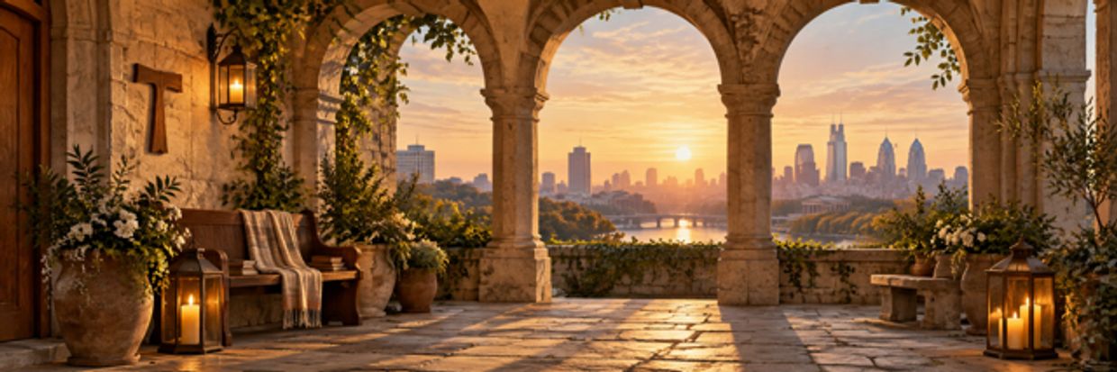 Sunset view of a city skyline framed by stone arches.