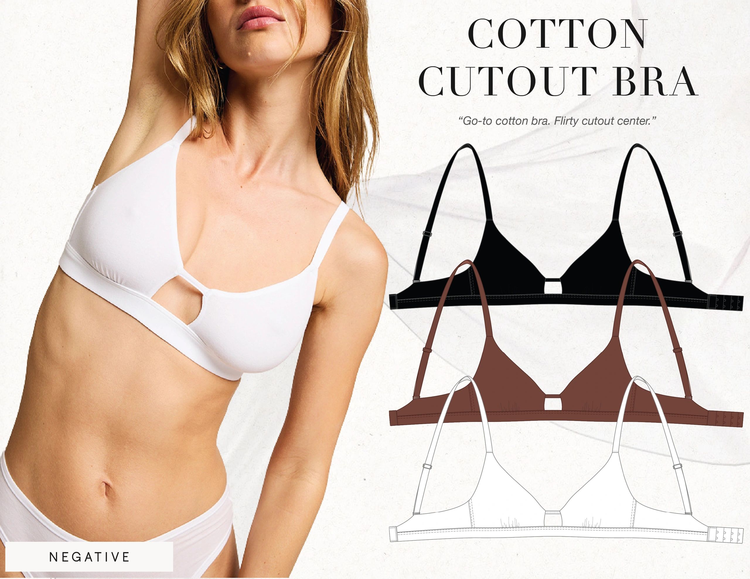Model showcasing a white cotton cutout bra with stylish design and comfort.