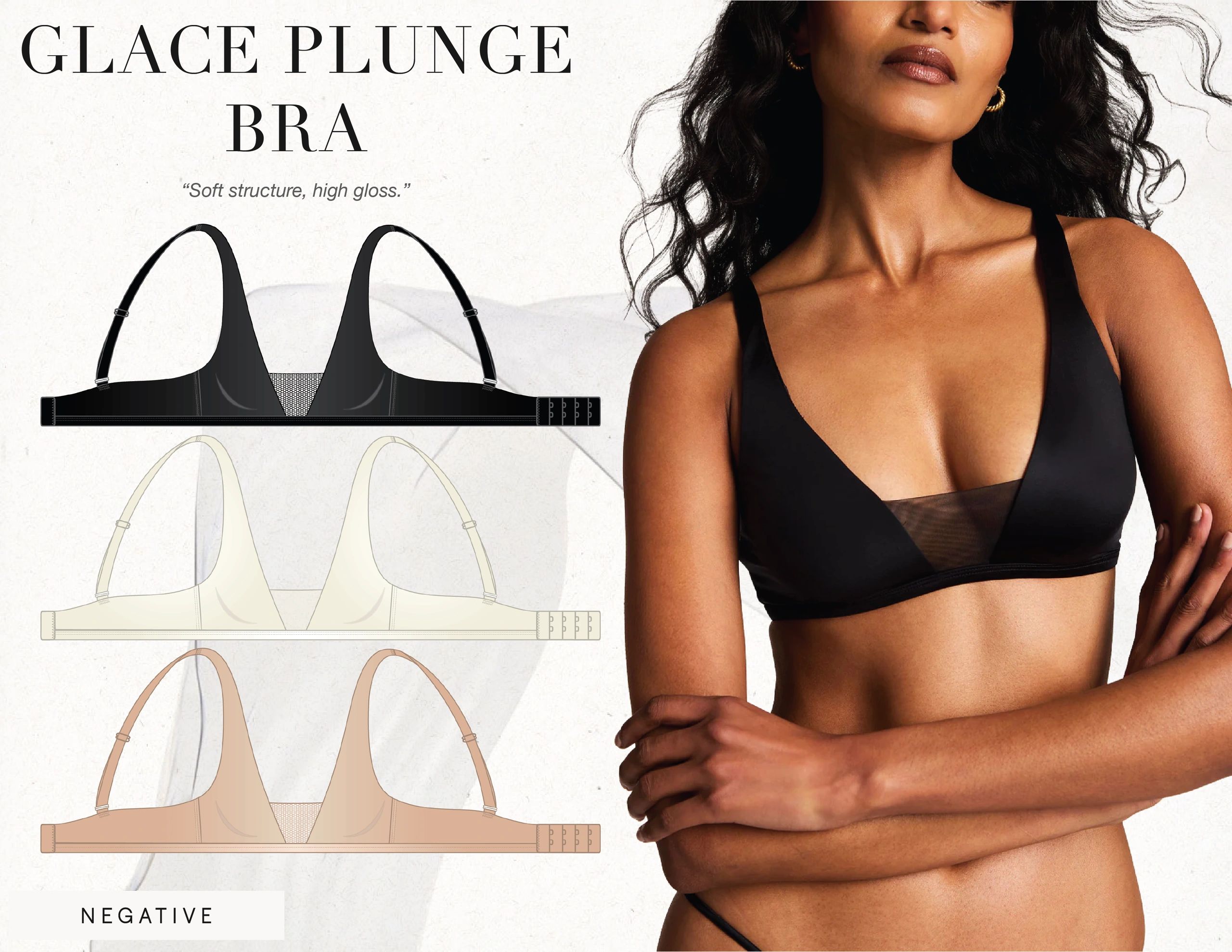 Model showcasing a black Glace Plunge Bra with soft structure and high gloss.
