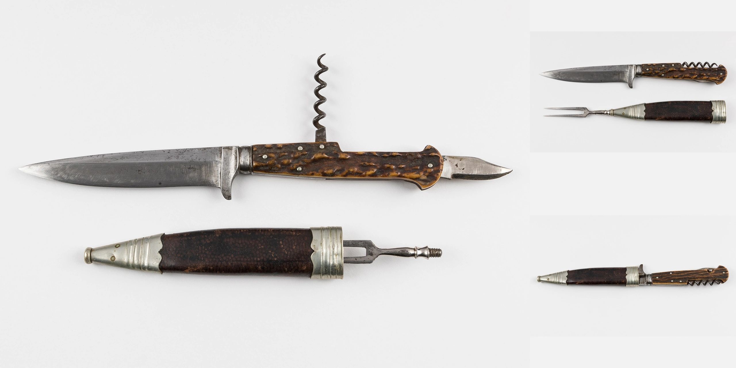 Antique folding knife with corkscrew and small blade, paired with a vintage fork and sheath.