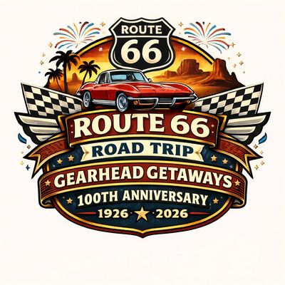 Vintage Route 66 road trip logo celebrating the 100th anniversary with a classic red car and desert scenery.