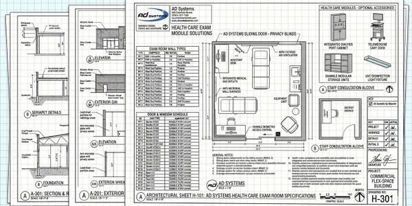 Detailed architectural blueprint of a healthcare exam module with room types and equipment layout.