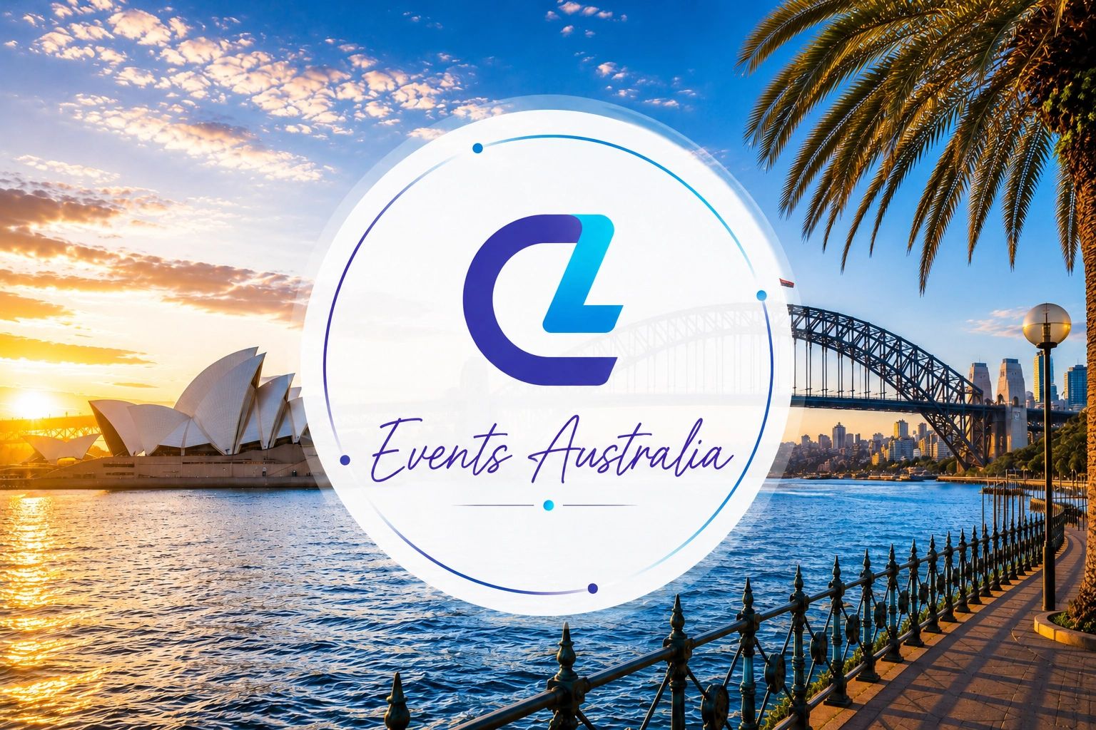 Sydney Opera House and Harbour Bridge at sunset with Events Australia logo.