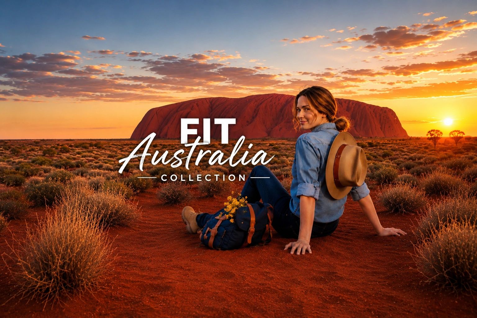 Woman sitting in the Australian outback at sunset.