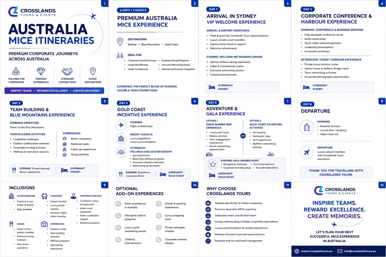 Detailed 6-day Australia MICE itinerary by Crosslands Tours for premium corporate journeys.
