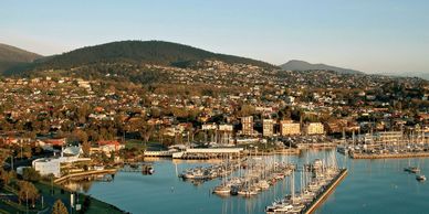 Scenic view of a marina with boats and hillside homes under clear sky.