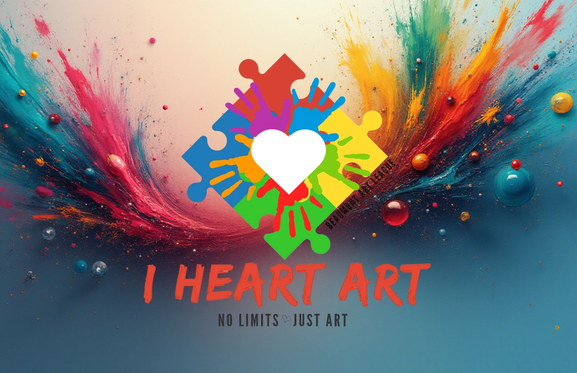 Colorful art logo with vibrant paint splash background.