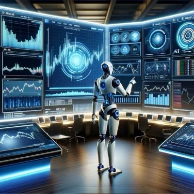 Robot analyzing data on multiple futuristic screens.