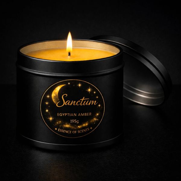 Lit Sanctum Egyptian Amber scented candle in a black tin.