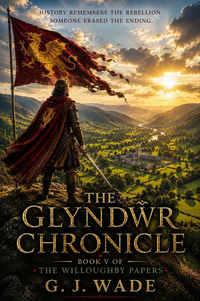 Medieval warrior with dragon flag overlooking valley at sunset.