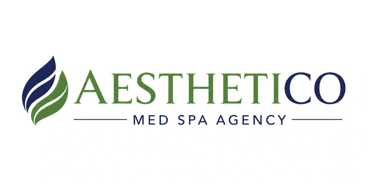 Logo of Aesthetico Med Spa Agency with green and blue leaf design.