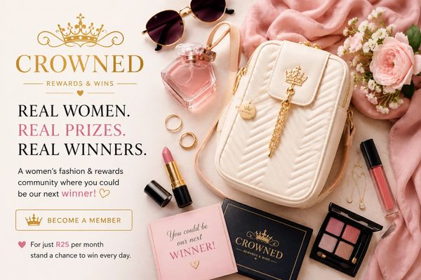 Flat lay of women's fashion items promoting Crowned rewards membership.