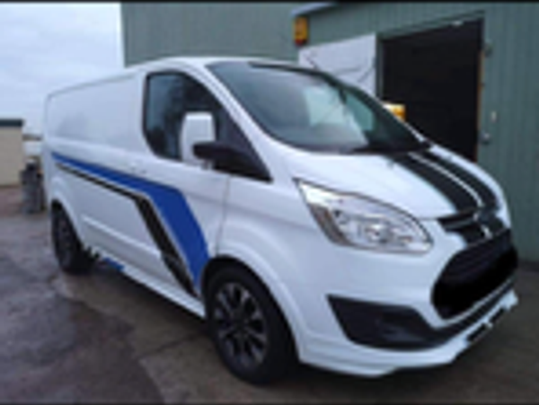 White van with black and blue stripes.