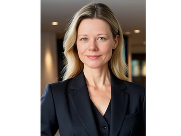 Professional woman with blonde hair in a black blazer smiling confidently.