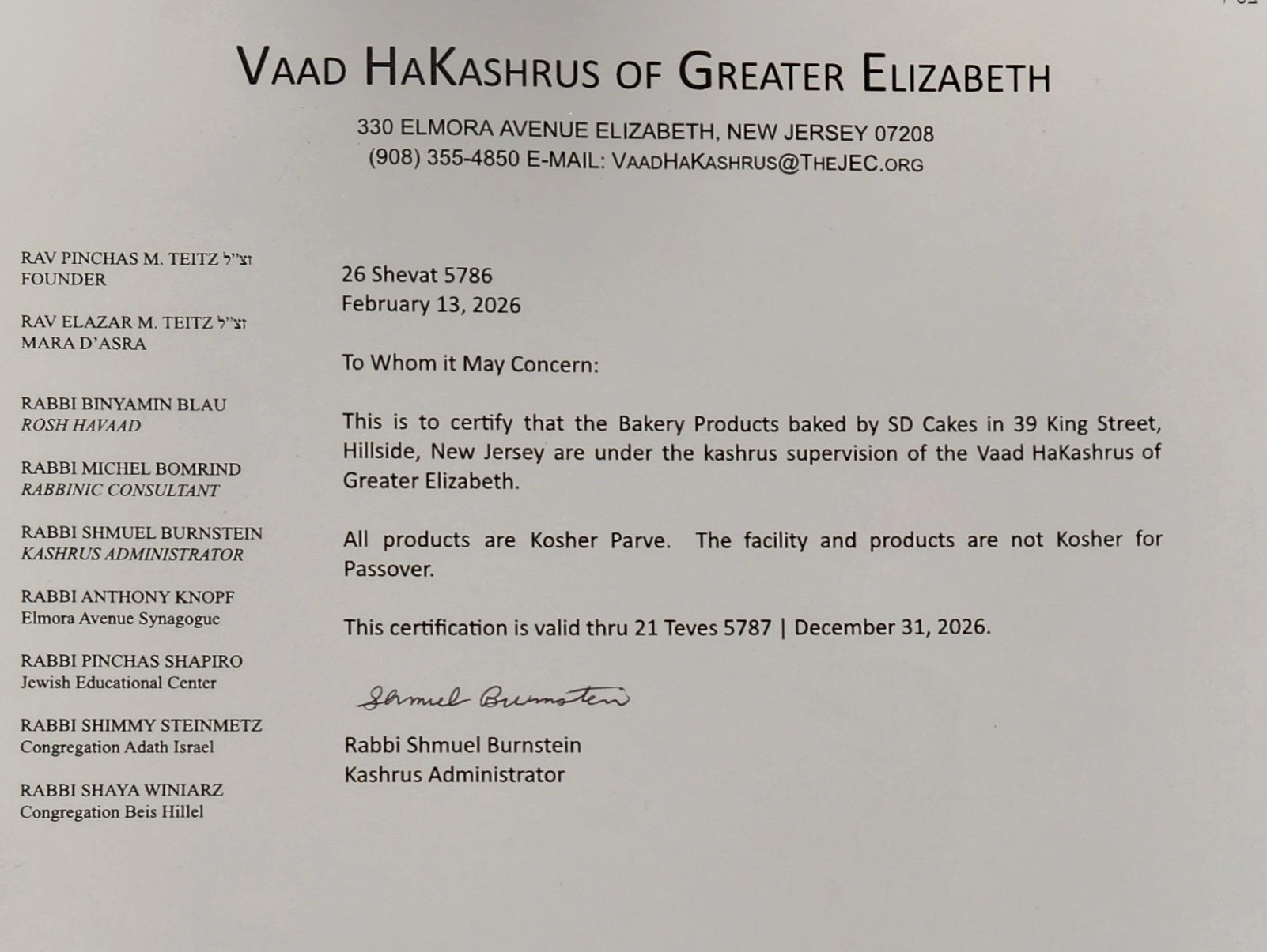 Kosher certification letter for SD Cakes by Vaad HaKashrus of Greater Elizabeth.