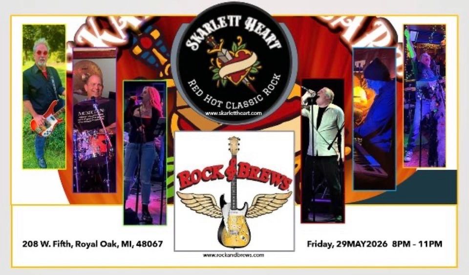 Concert poster for Skarlett Heart's Red Hot Classic Rock at Rock &amp; Brews, May 29, 2026.