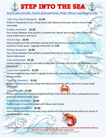 Seafood menu with various sandwiches and salads served with choice of bread.
