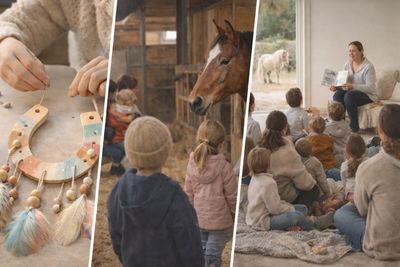 Children engaged in creative and educational activities involving crafts, animals, and storytelling.