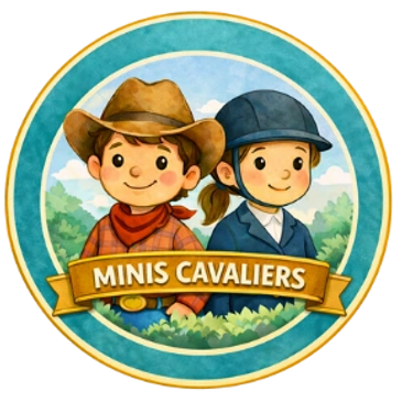 Cartoon logo of two kids dressed as a cowboy and rider with 'Minis Cavaliers' banner.