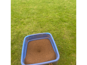 Blue wheelbarrow filled with brown pellets on green grass.