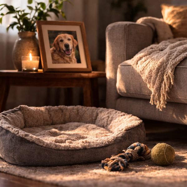 Cozy living room with absent pup