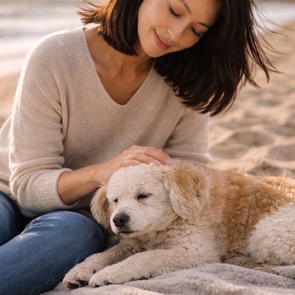 Woman and dog on sandy beach