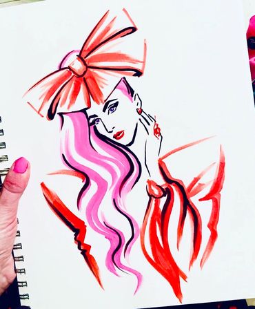 Fashion illustration of a woman with pink hair and a large red bow.