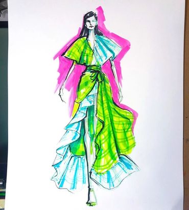 Fashion illustration of a model wearing a green and blue ruffled dress with pink accents.