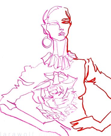 Abstract fashion illustration with bold pink lines and ruffled details.