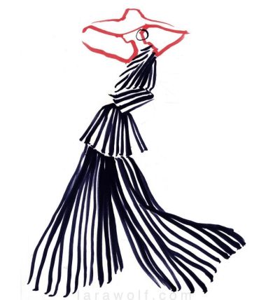 Stylized fashion illustration of a woman in a flowing striped dress and wide-brimmed hat.