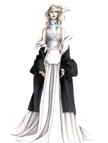 Fashion illustration of a woman in a long white dress and black coat.