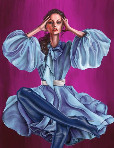 Fashion illustration of a woman in a blue dress with dramatic sleeves.