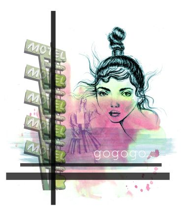 Artistic portrait of a woman with a bun, colorful background, and motel signs.