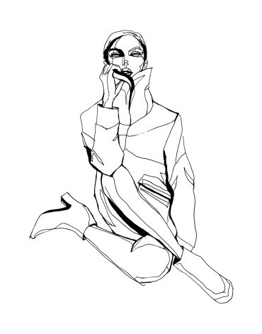 Minimalist black and white line drawing of a person kneeling, wearing high boots and a high-collared jacket.